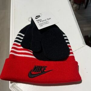 Nike Kids Red and Black Beanie and Gloves Set